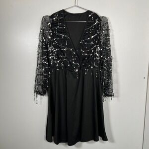 Party Glam Black Sequin Mesh Dress Shein‎ Curve V-Neck Long Sleeve 0XL Plus Size